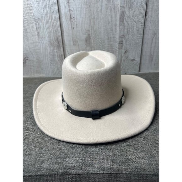 Beige Felt Wide Brim Western Cowboy Adj Size Hat w/ Black Band & Silver Conchos - Picture 3 of 7